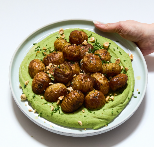 Hasselback Potatoes with Green Goddess Butter Bean Whip
