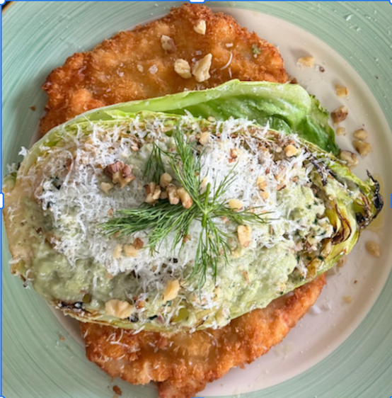 Chicken Schnitzel with Roasted Walnut Hisbi Cabbage