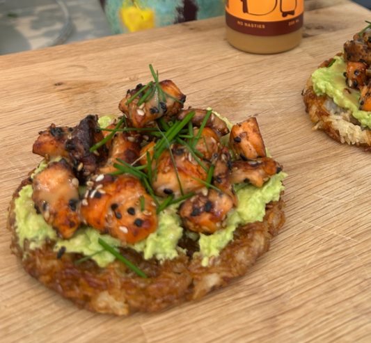 Crispy Rice Waffle with Miso Salmon & Smashed Avocado