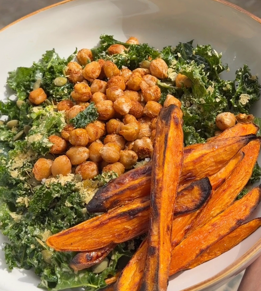 Kale, Sweet Potato and Chickpea Caesar Bowl