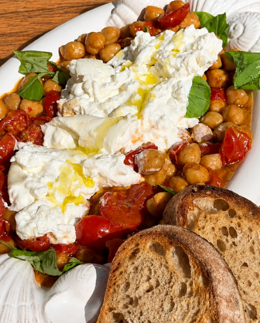 CRISPY CHICKPEA & TOMATO TRAYBAKE WITH BURRATA