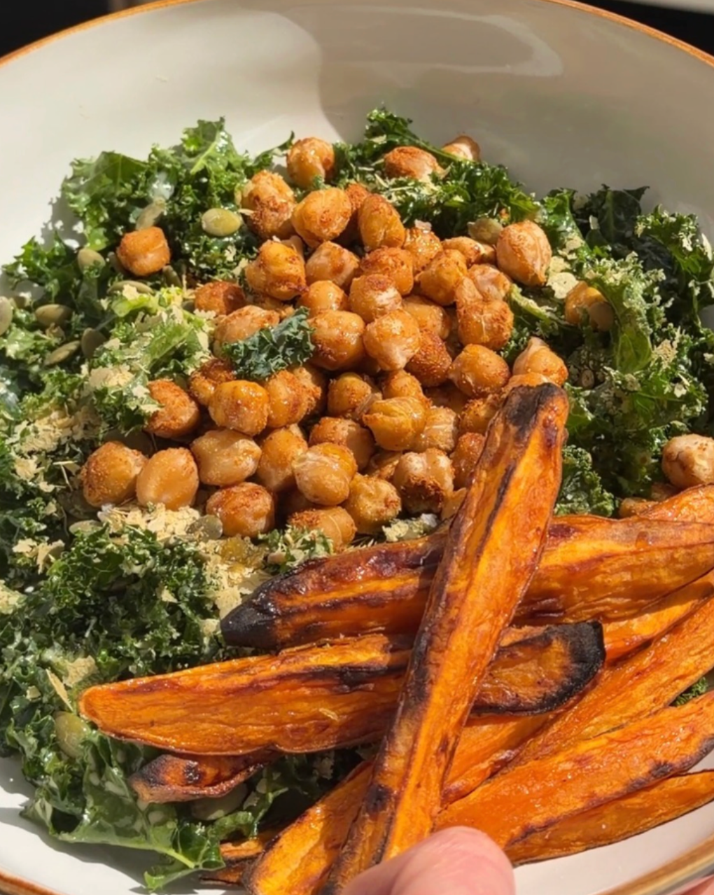 KALE CAESAR WITH ROASTED CHICKPEAS & SWEET POTATO