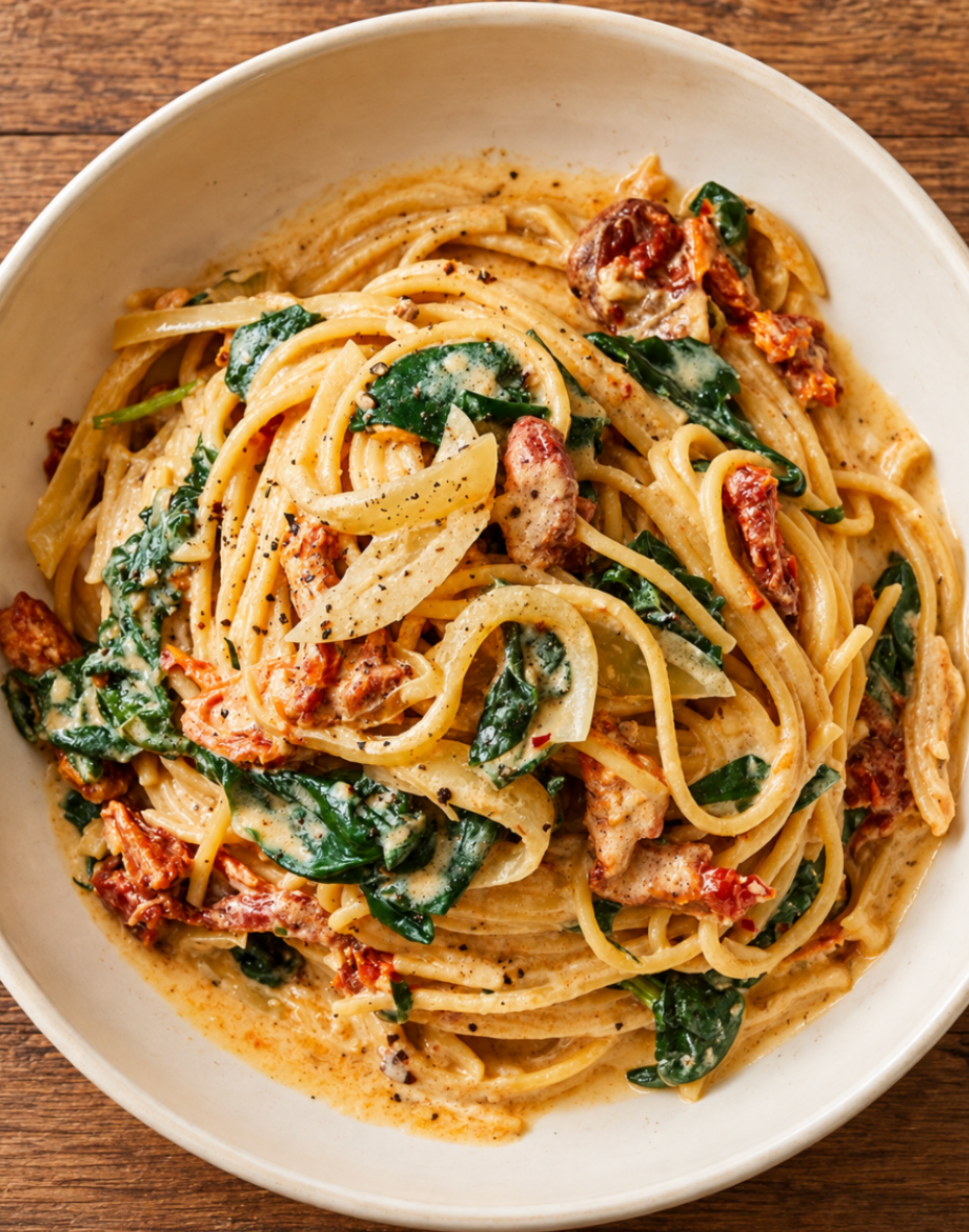 Sweet Tahini Chick Spaghetti with Slow-Roasted Tomatoes & Spinach