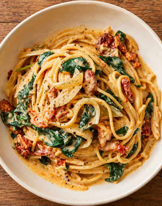 Sweet Tahini Chick Spaghetti with Slow-Roasted Tomatoes & Spinach