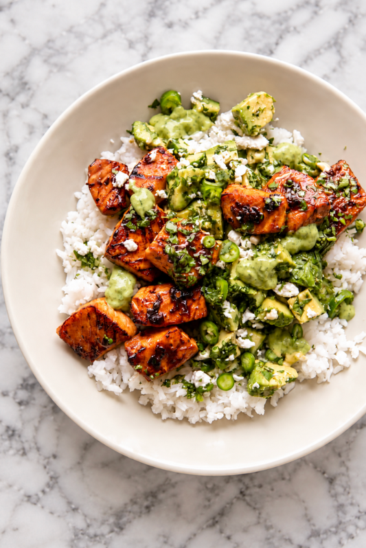 MISO SALMON RICE BOWLS WITH GREEN GODDESS AVOCADO SALAD