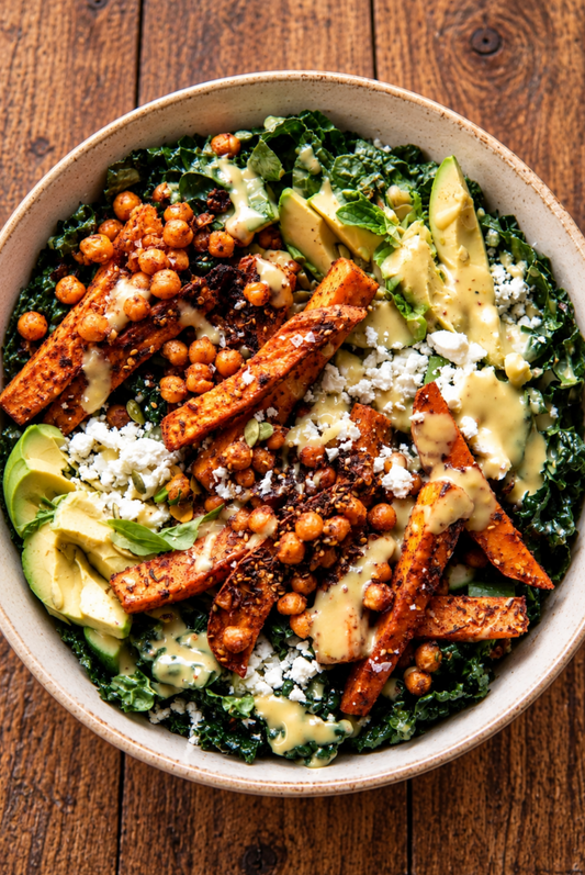 SWEET POTATO FETA WINTER SALAD WITH SWEET TAHINI CHICK